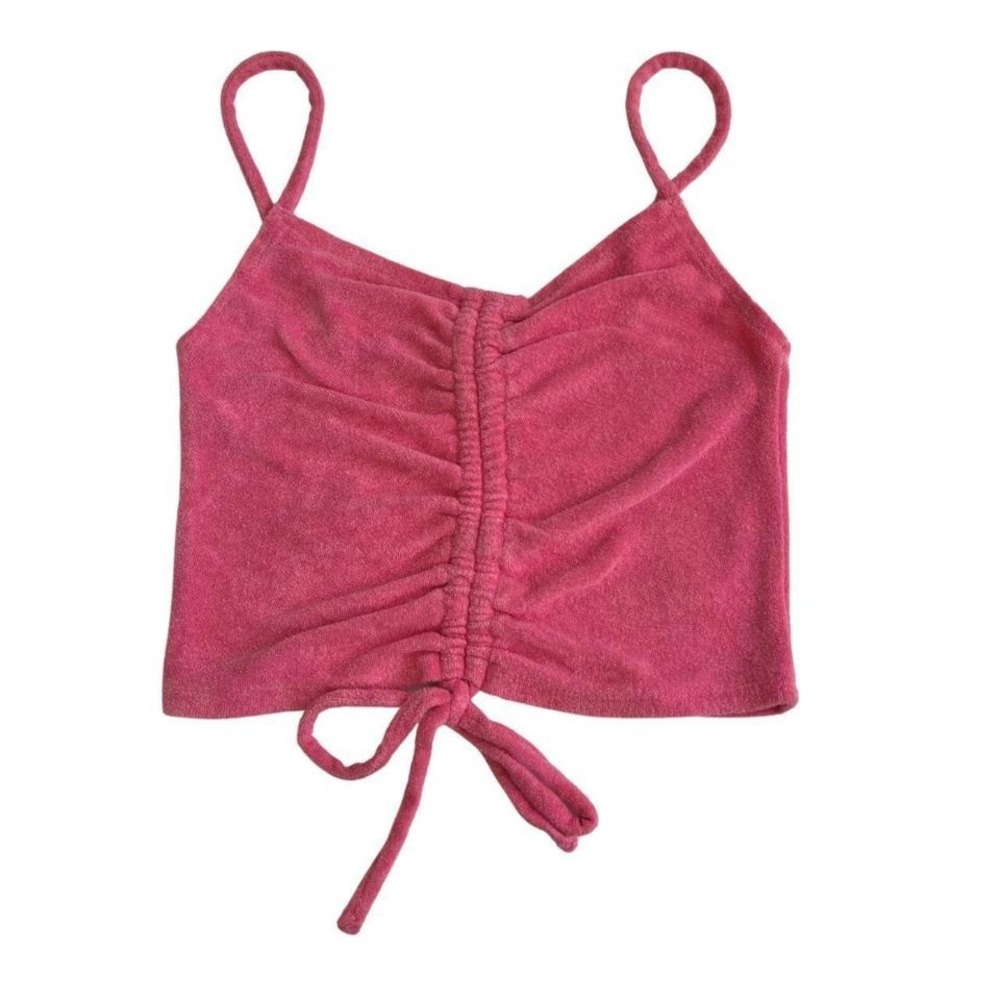 Forever 21 Women's Pink Terry Cloth Spaghetti Strap Ruched Front Crop Top Sz S